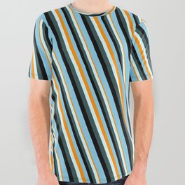 [ Thumbnail: Eyecatching Dark Orange, Light Cyan, Dark Slate Gray, Black, and Sky Blue Colored Stripes Pattern All Over Graphic Tee ]
