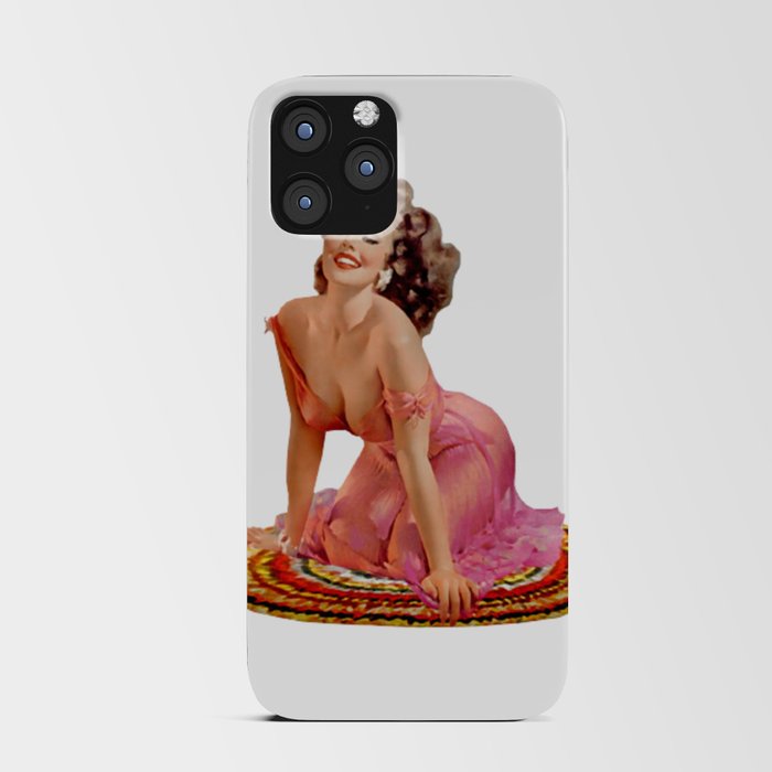 Brunette Pin Up With Pink Dress on Colorful Rug iPhone Card Case