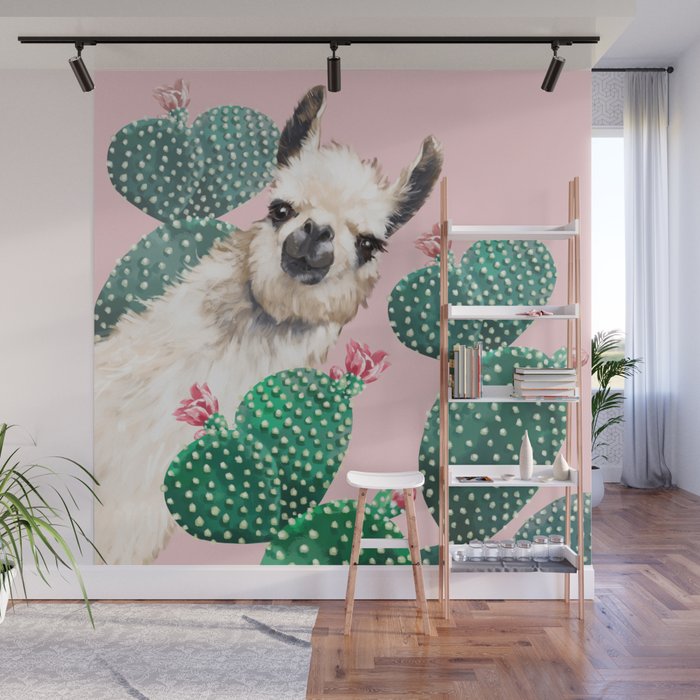 Llama and Cactus Pink Wall Mural