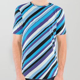 [ Thumbnail: Deep Sky Blue, Dark Slate Blue, Mint Cream, Light Sky Blue, and Black Colored Lines Pattern All Over Graphic Tee ]