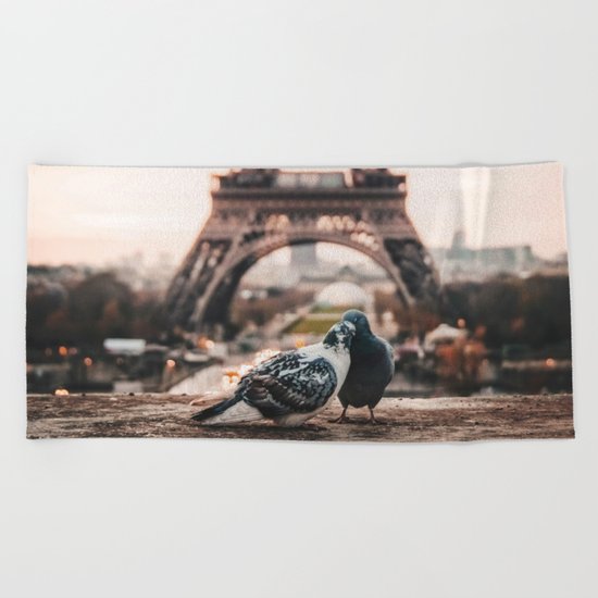 Lover Doves in Paris Beach Towel