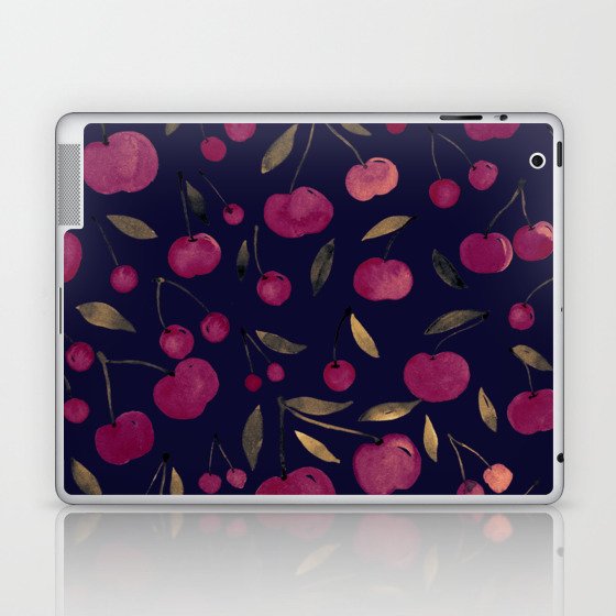 Watercolor sour cherries - black Laptop & iPad Skin