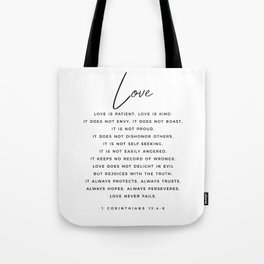 1 Corinthians 13 Love Is Patient Love Is Kind Love Never Fails Bible Verse Print Scripture Christian Tote Bag