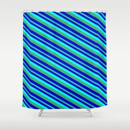 [ Thumbnail: Aqua, Sea Green & Blue Colored Striped/Lined Pattern Shower Curtain ]