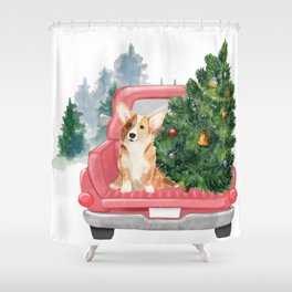 Driving Home For Christmas - Corgi On Red Xmas Car  Shower Curtain