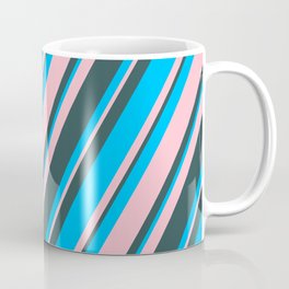 [ Thumbnail: Deep Sky Blue, Pink & Dark Slate Gray Colored Stripes Pattern Coffee Mug ]