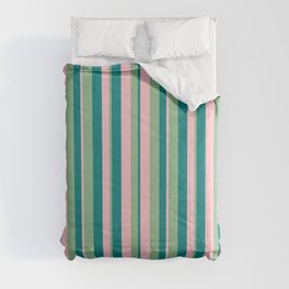 [ Thumbnail: Dark Sea Green, Pink & Teal Colored Lined/Striped Pattern Comforter ]