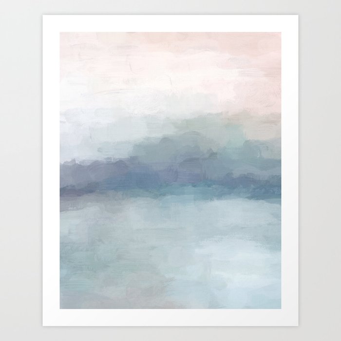 Atlantic Ocean Sunrise I - Blush Pink Mint Sky Baby Blue Abstract Sky Wall Art Water Clouds Painting Art Print