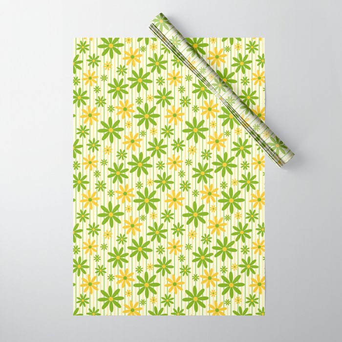 70s Groovy Daisy Pattern with Stripes, Retro, Green, Yellow, Light Wrapping Paper