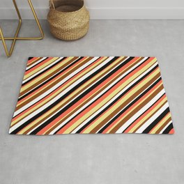 [ Thumbnail: Eyecatching Red, Tan, Brown, White & Black Colored Lined Pattern Rug ]