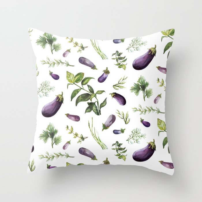 Purple - Green Eggplants & Herbs pattern Throw Pillow