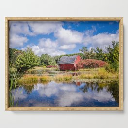 Sinking red barn in Zimmerman Minnesota, slowly sinks into the lake Serving Tray