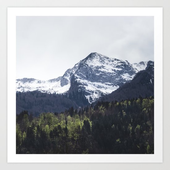 Winter and Spring - green trees and snowy mountains Art Print