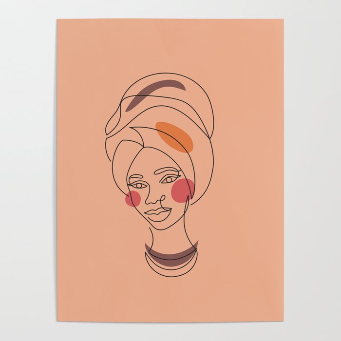 African woman in a line art style with abstract shapes. Poster
