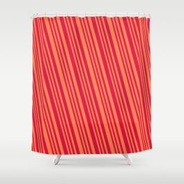 [ Thumbnail: Crimson & Coral Colored Lines/Stripes Pattern Shower Curtain ]