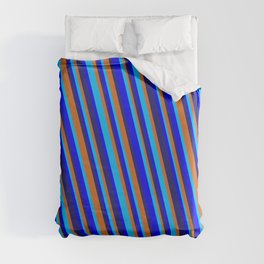 [ Thumbnail: Midnight Blue, Chocolate, Deep Sky Blue & Blue Colored Striped/Lined Pattern Duvet Cover ]