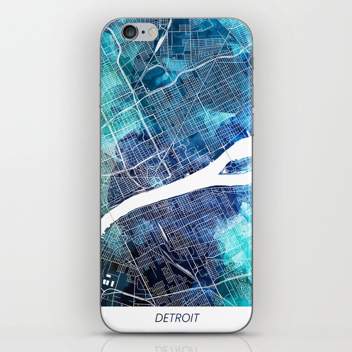 Detroit Michigan Map Navy Blue Turquoise Watercolor USA States Maps iPhone Skin