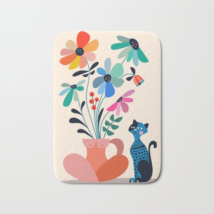 Daisies and the blue cat Bath Mat