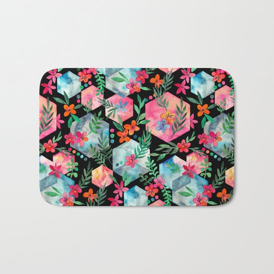 Whimsical Hexagon Garden on black Bath Mat