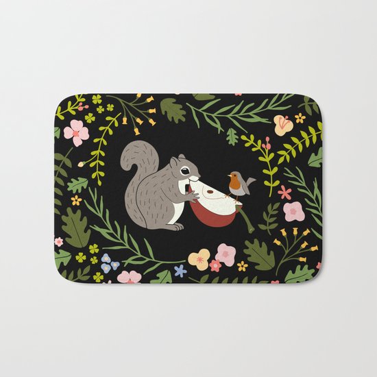 Friendship in Wildlife_Squirrel and Robin_Bg Black Bath Mat
