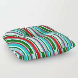 [ Thumbnail: Sky Blue, Red, Dark Turquoise, White, and Dark Green Colored Striped Pattern Floor Pillow ]