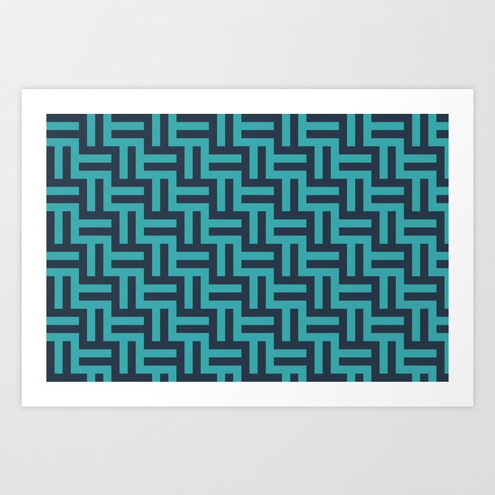 Teal Turquoise Aqua and Dark Navy Blue Grid Stripes Tessellation Pattern 1 - Aquarium SW 6767 Art Print