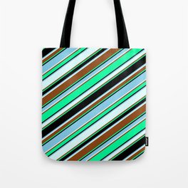 [ Thumbnail: Vibrant Green, Black, Sky Blue, Light Cyan & Brown Colored Lined/Striped Pattern Tote Bag ]