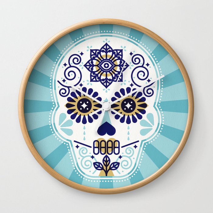 Día de Muertos • Mexican Sugar Skull – Baby Blue Palette Wall Clock