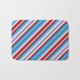 [ Thumbnail: Deep Sky Blue, Pink, and Red Colored Lined/Striped Pattern Bath Mat ]