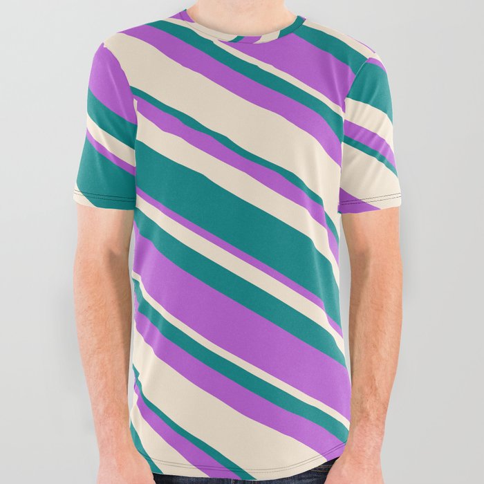 Orchid, Beige & Teal Colored Lines Pattern All Over Graphic Tee