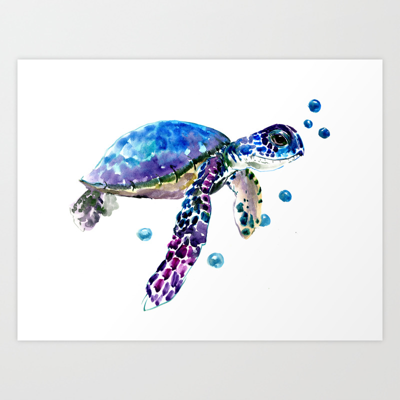 Sea Turtle Blue Purple Illustration Children Room Cute Turtle