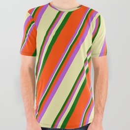 [ Thumbnail: Orchid, Pale Goldenrod, Dark Green, and Red Colored Striped/Lined Pattern All Over Graphic Tee ]