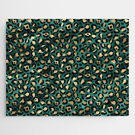 Teal and Gold Leopard Print Pattern 01 Jigsaw Puzzle
