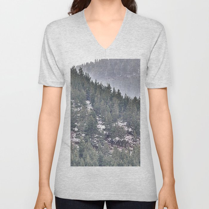 Scottish Pine Forest After Spring Snow in I Art and Afterglow  V Neck T Shirt