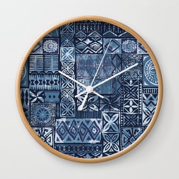 Hawaiian style blue tapa tribal fabric abstract patchwork vintage vintage pattern Wall Clock