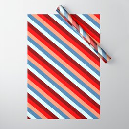 [ Thumbnail: Colorful Light Salmon, Blue, Light Cyan, Dark Red & Red Colored Stripes/Lines Pattern Wrapping Paper ]