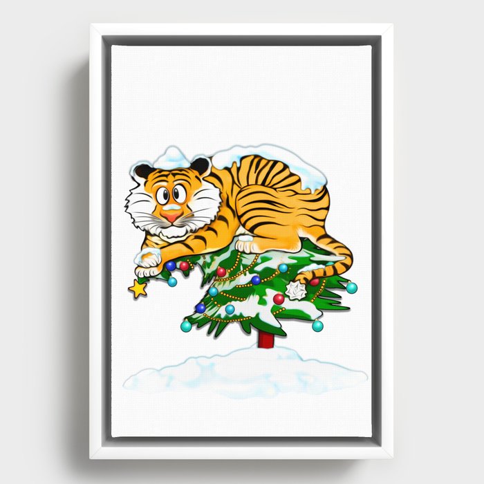 Tiger on Christmas tree / The Year of the tiger 2022 / no text Framed Canvas