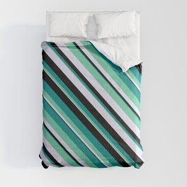 [ Thumbnail: Dark Cyan, Aquamarine, Lavender & Black Colored Pattern of Stripes Comforter ]