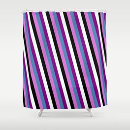 [ Thumbnail: Eyecatching Blue, Orchid, Black, Mint Cream & Purple Colored Stripes Pattern Shower Curtain ]