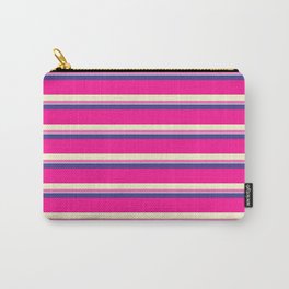 [ Thumbnail: Colorful Dark Slate Blue, Deep Pink, Light Yellow, Hot Pink & Light Blue Colored Lined Pattern Carry-All Pouch ]