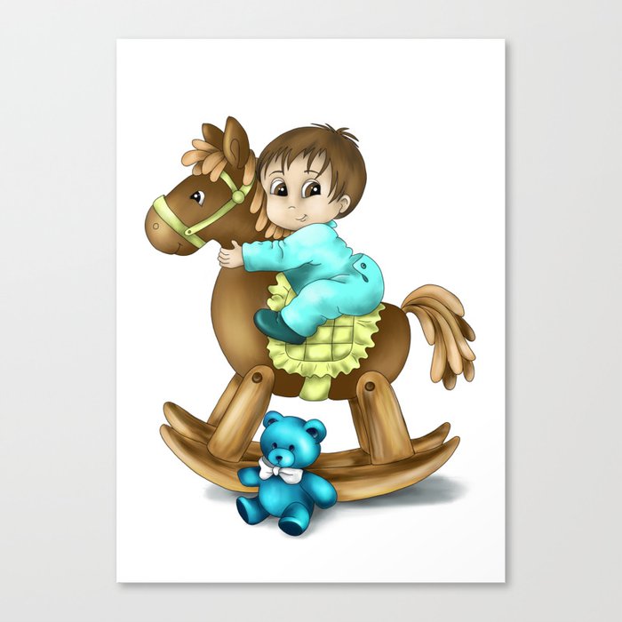 Little boy riding on a play horse Canvas Print