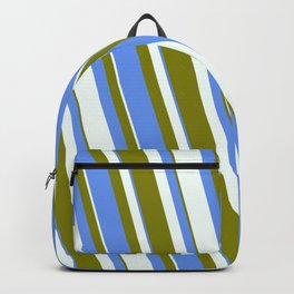 [ Thumbnail: Mint Cream, Green & Cornflower Blue Colored Striped/Lined Pattern Backpack ]