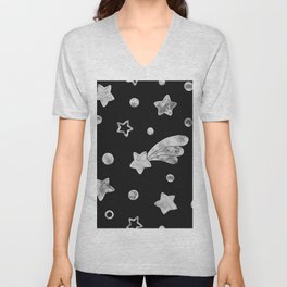Whimsical Black And White Stars Scatter Pattern V Neck T Shirt