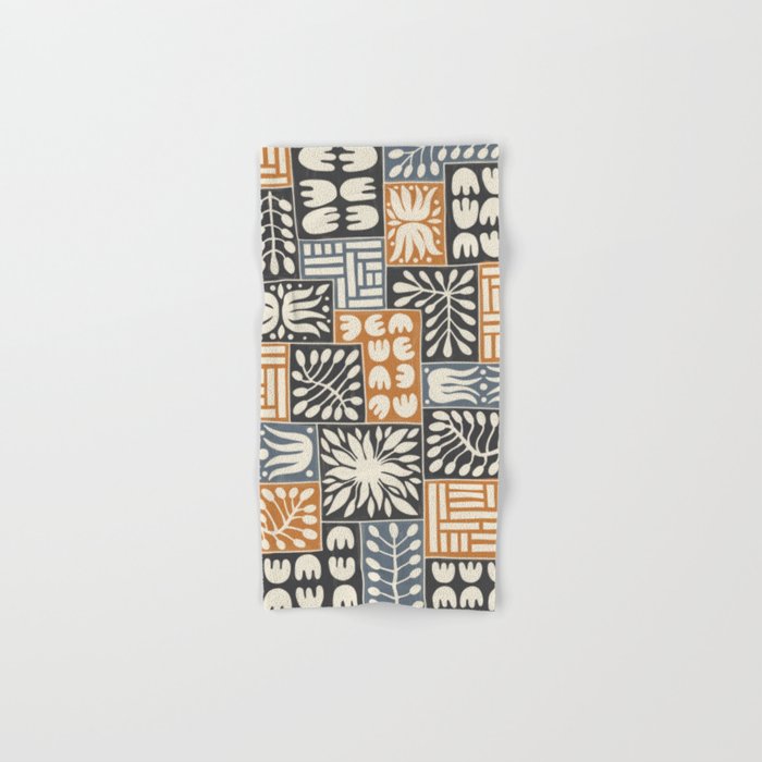 Stylized Floral Patchwork in Rumba Orange, Spade Black and Slate Gray Color Hand & Bath Towel