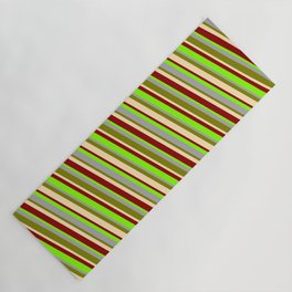 [ Thumbnail: Eye-catching Dark Grey, Green, Beige, Dark Red, and Chartreuse Colored Lined/Striped Pattern Yoga Mat ]
