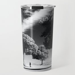 The road less travels; streaks of clouds and trees with lone figure on lonely Tuscan road travel black and white zen photograph - photography - photographs Travel Mug