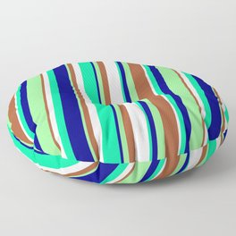 [ Thumbnail: Eye-catching Light Green, Sienna, Mint Cream, Green, and Blue Colored Stripes/Lines Pattern Floor Pillow ]