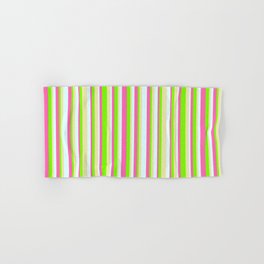 [ Thumbnail: Green, Pale Goldenrod, Light Cyan, and Hot Pink Colored Lined/Striped Pattern Hand & Bath Towel ]