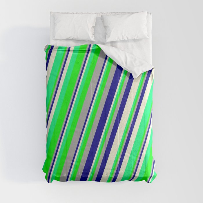 Eyecatching Dark Gray, Dark Blue, Beige, Green & Lime Colored Striped/Lined Pattern Comforter