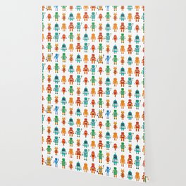 Seamless pattern from colorful retro robots in a flat style on a white background. Vintage illustration.  Wallpaper